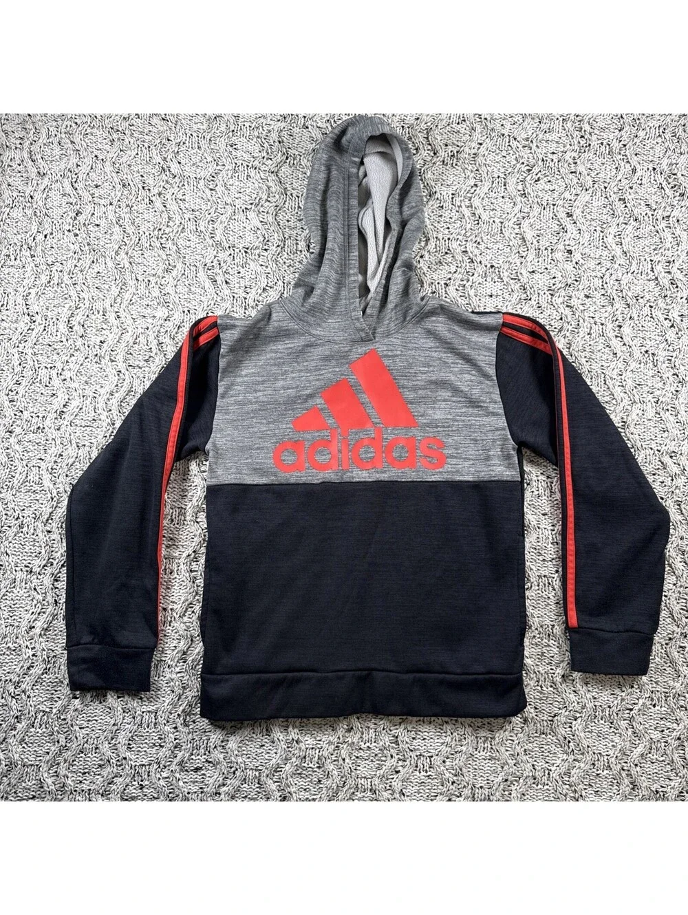 Adidas Boys Hoodie Size Medium 10/12 Gray Orange Logo Pullover Sweatshirt Athlet